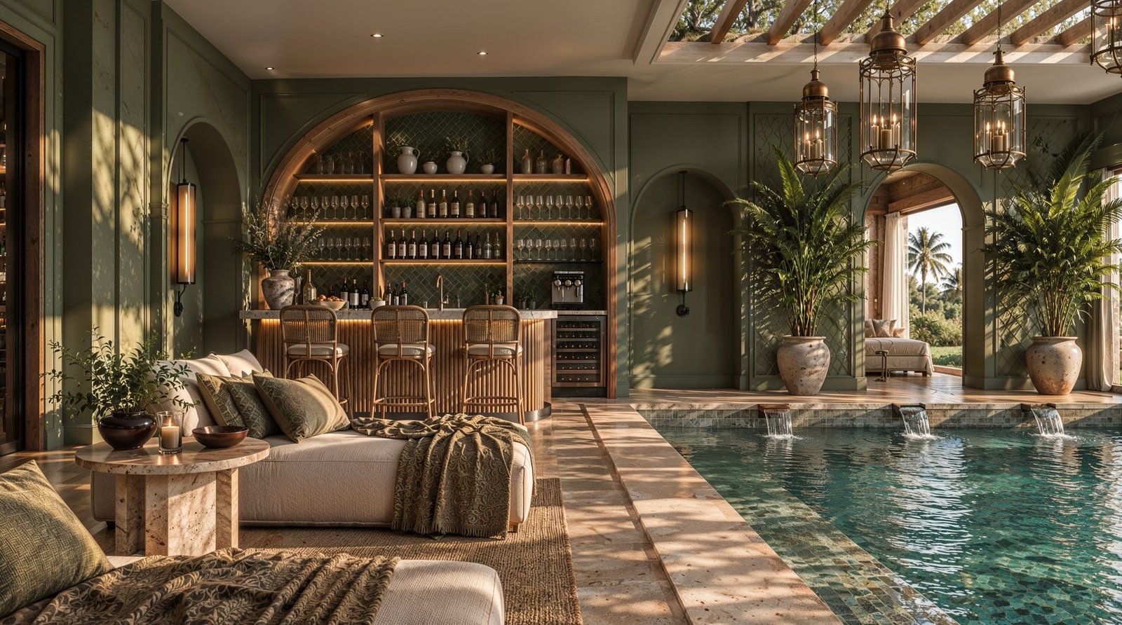 Villa basement with an indoor pool, an arched backlit bar and rattan stools, 3D design concept