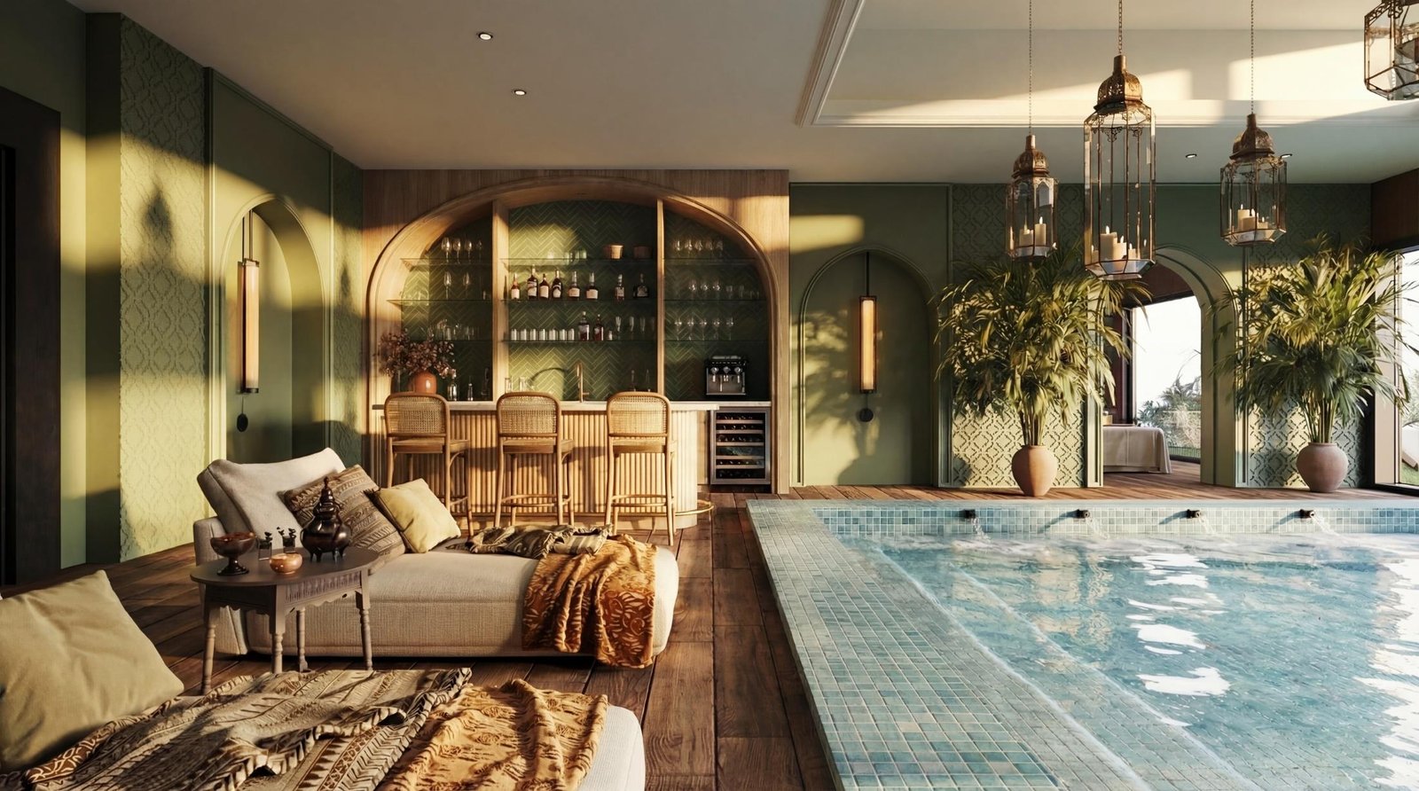 Moroccan-inspired villa basement with indoor pool and bar seating
