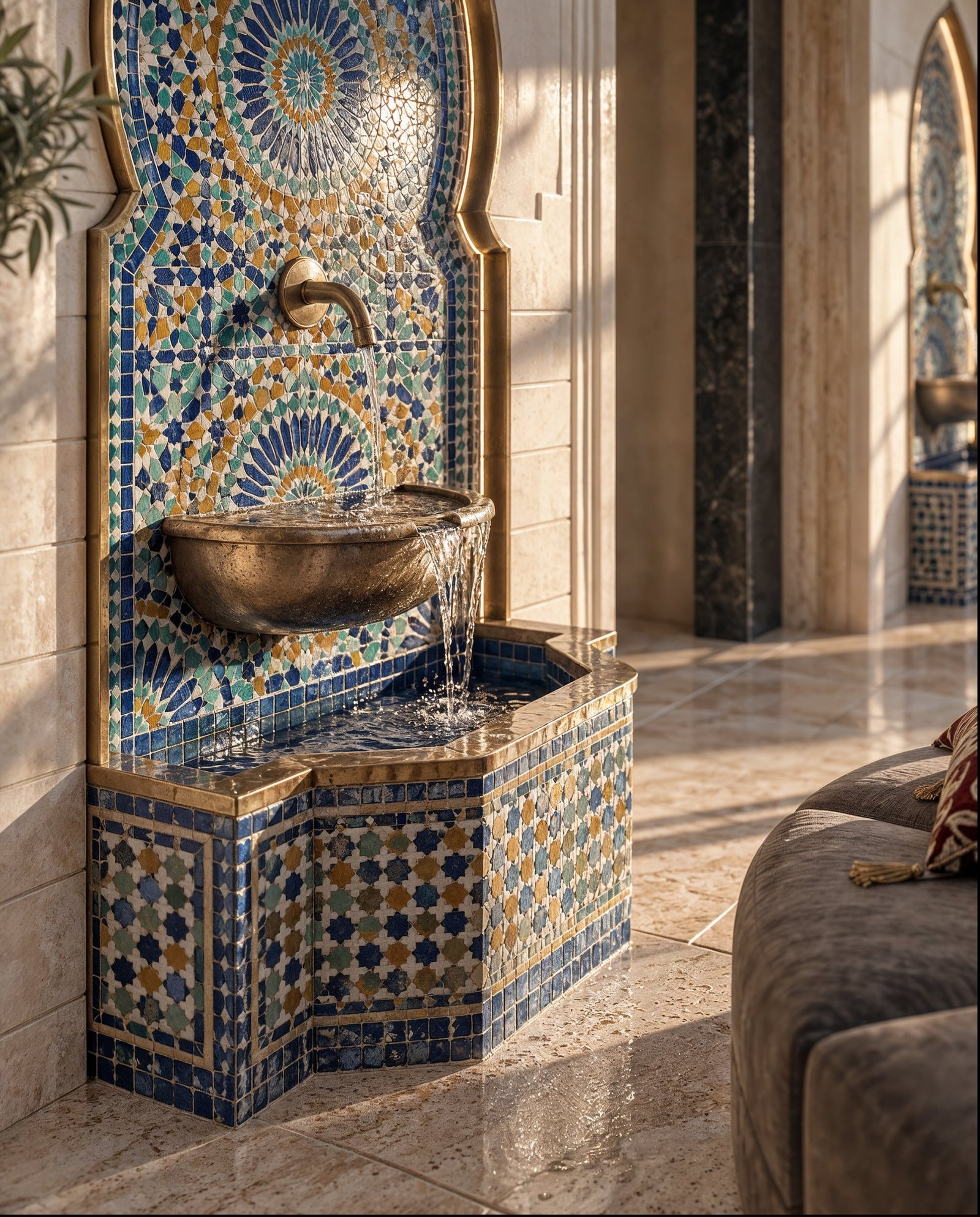Close detail of hand-set mosaic tilework in a New Cairo villa basement spa