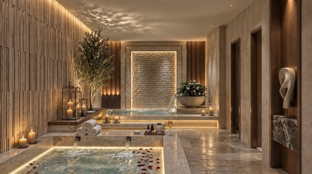 Hand-set mosaic fountain wall in the villa basement leisure suite