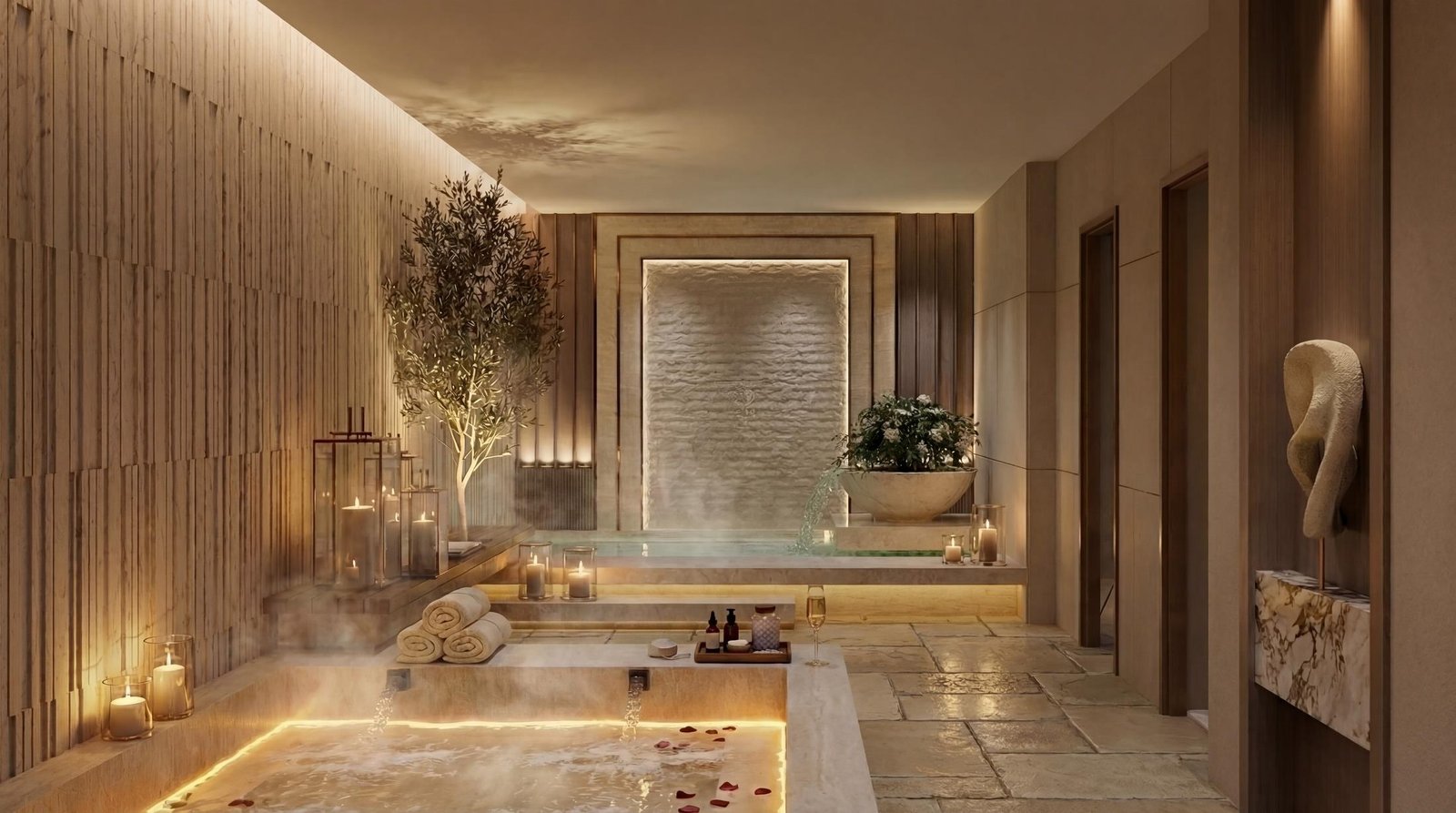 Hand-set mosaic fountain wall in the villa basement leisure suite