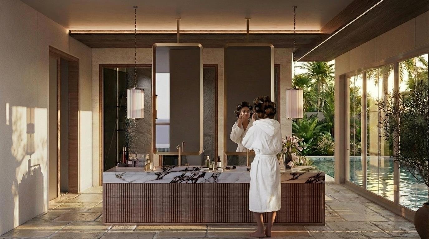Spa bath with mosaic surround, villa basement