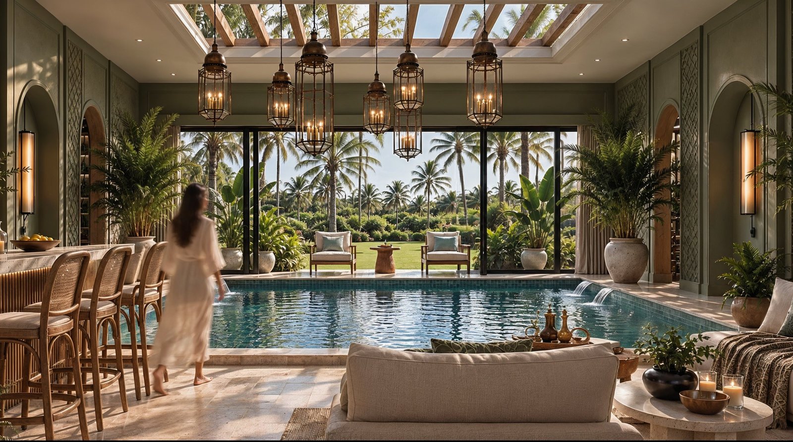 Villa basement pool lounge with bar stools, a pergola ceiling and a garden outlook, 3D design concept