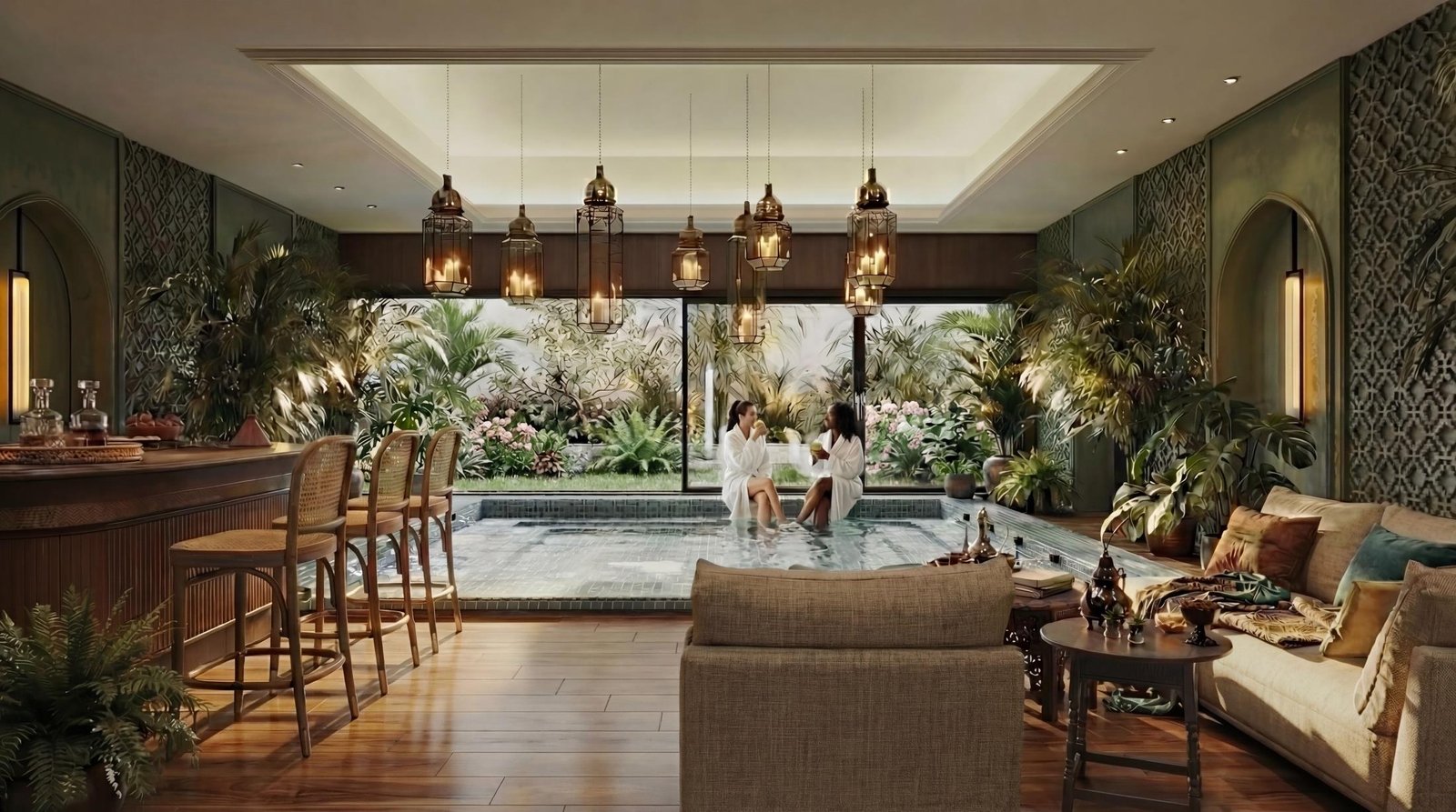 Moroccan-inspired villa basement spa lounge with hand-set mosaic tilework