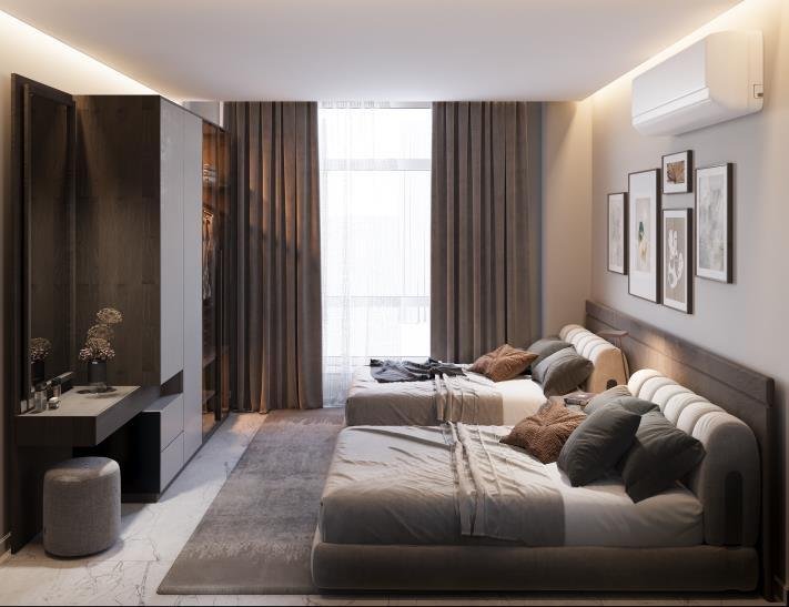 Bedroom with lounge seating and full-height curtains