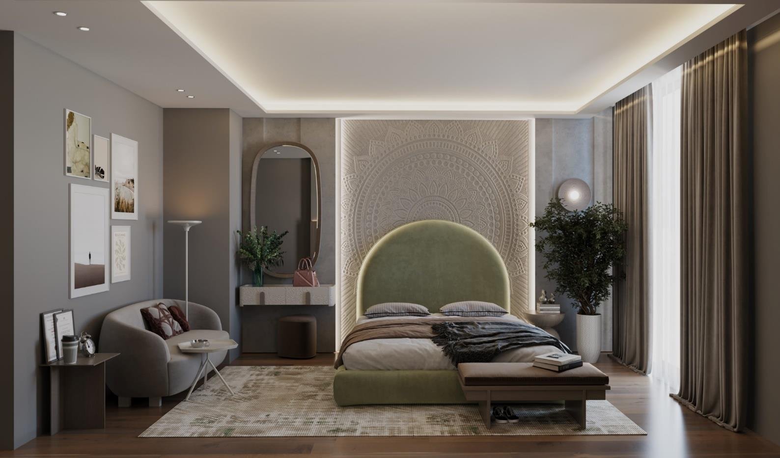 Bedroom suite with upholstered headboard and layered lighting