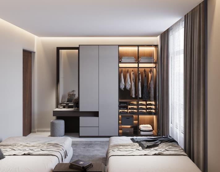 Bedroom with open walk-in wardrobe and dressing area