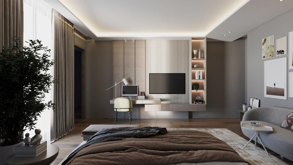 Bedroom with built-in desk, media wall and layered lighting