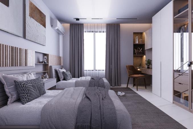 Bedroom in a restrained grey palette with built-in storage