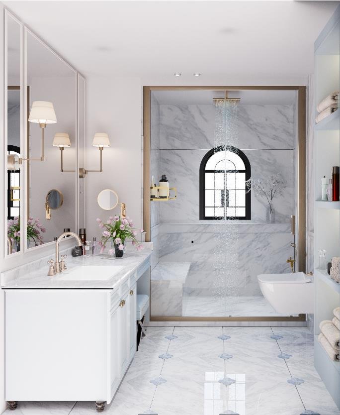 White marble bathroom with arched window and freestanding bath
