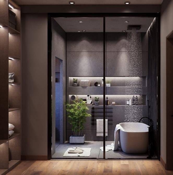 Dark spa bathroom with stone bath and concealed lighting