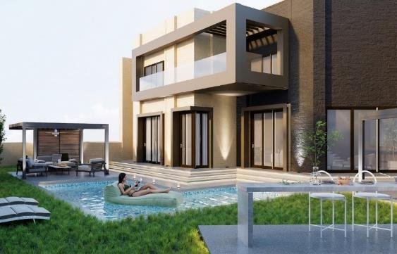Villa exterior with pool, pergola and planted garden