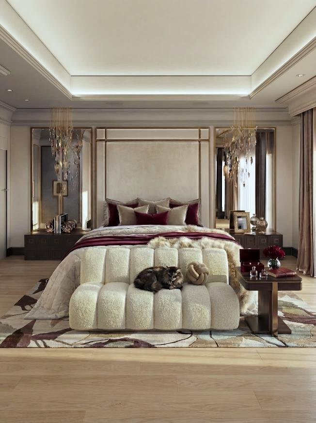 Bedroom with warm timber panelling and layered textiles
