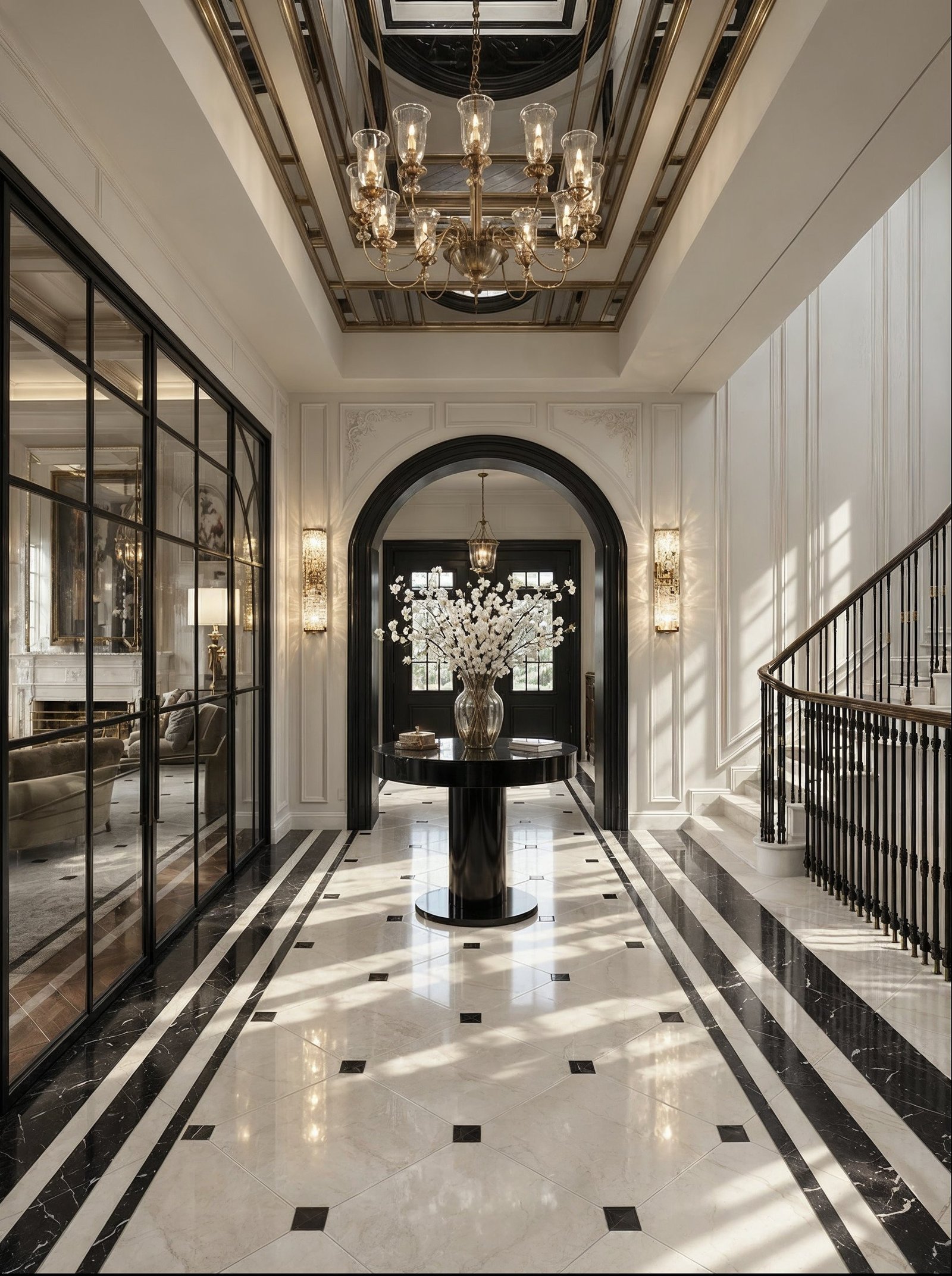 Marble hallway with chandelier and arched doorway