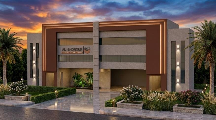 Commercial building facade with landscaping at dusk