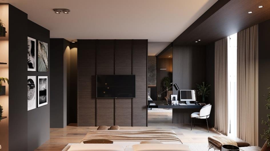 Dark-toned bathroom concept with matte black fittings