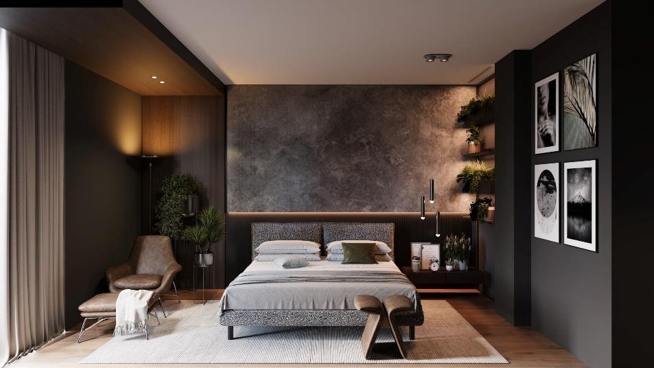 Dark-toned bedroom concept with a moody, enveloping palette