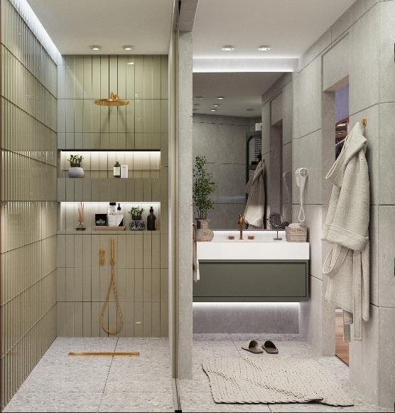 Bathroom in olive fluted tile with a brass rain shower and floating vanity