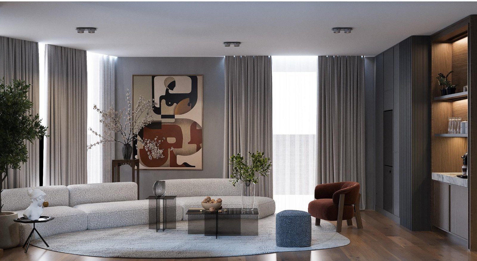 Contemporary living area with double-height glazing and layered neutral furnishings
