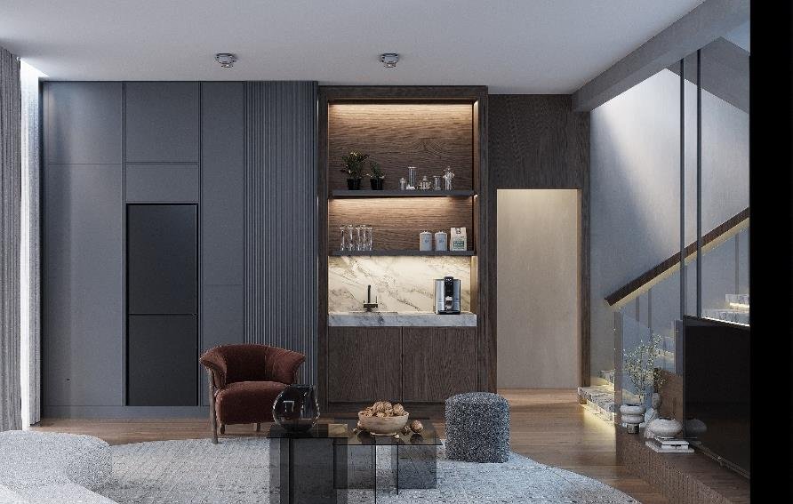 Living area seating arrangement with layered neutral textiles