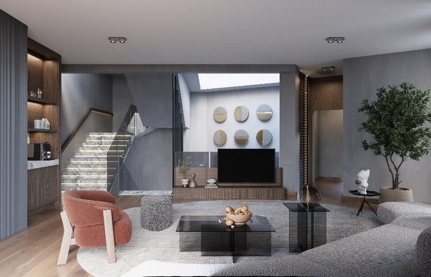 Living area with open stair, media wall and soft seating