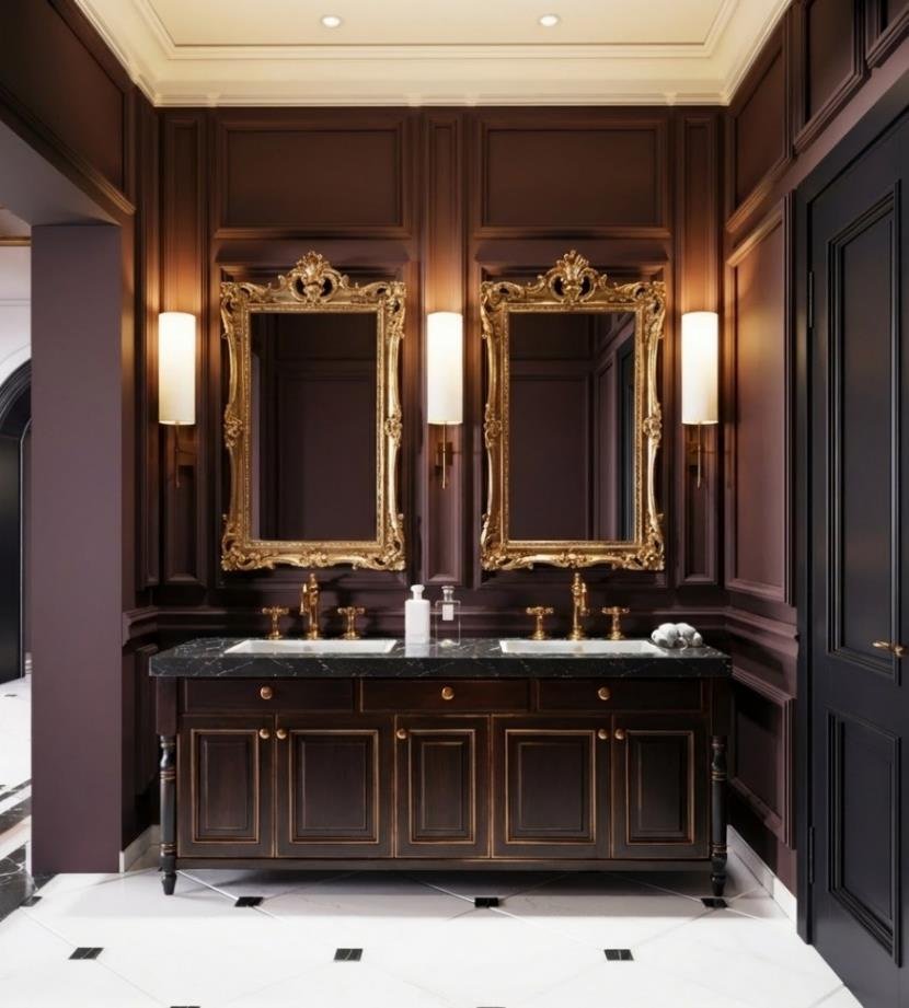 Burgundy marble guest bathroom with brass fittings, Lotus Villa Renovation