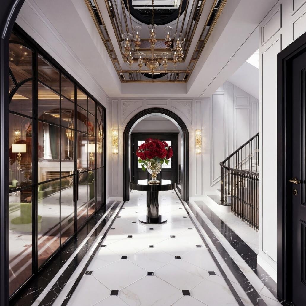 Glazed corridor with marble floor, chandelier and arched doorway