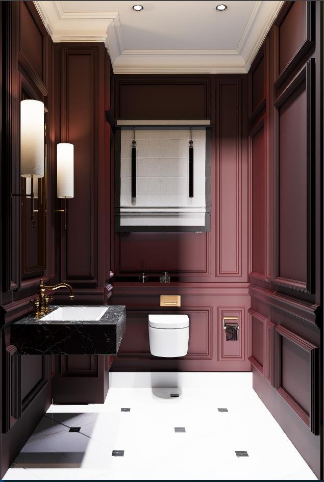 Deep red panelled powder room with a black vanity and chequerboard marble floor, Lotus Villa Renovation