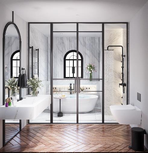 Marble bathroom with twin freestanding baths behind black-framed glazing, Lotus Villa Renovation
