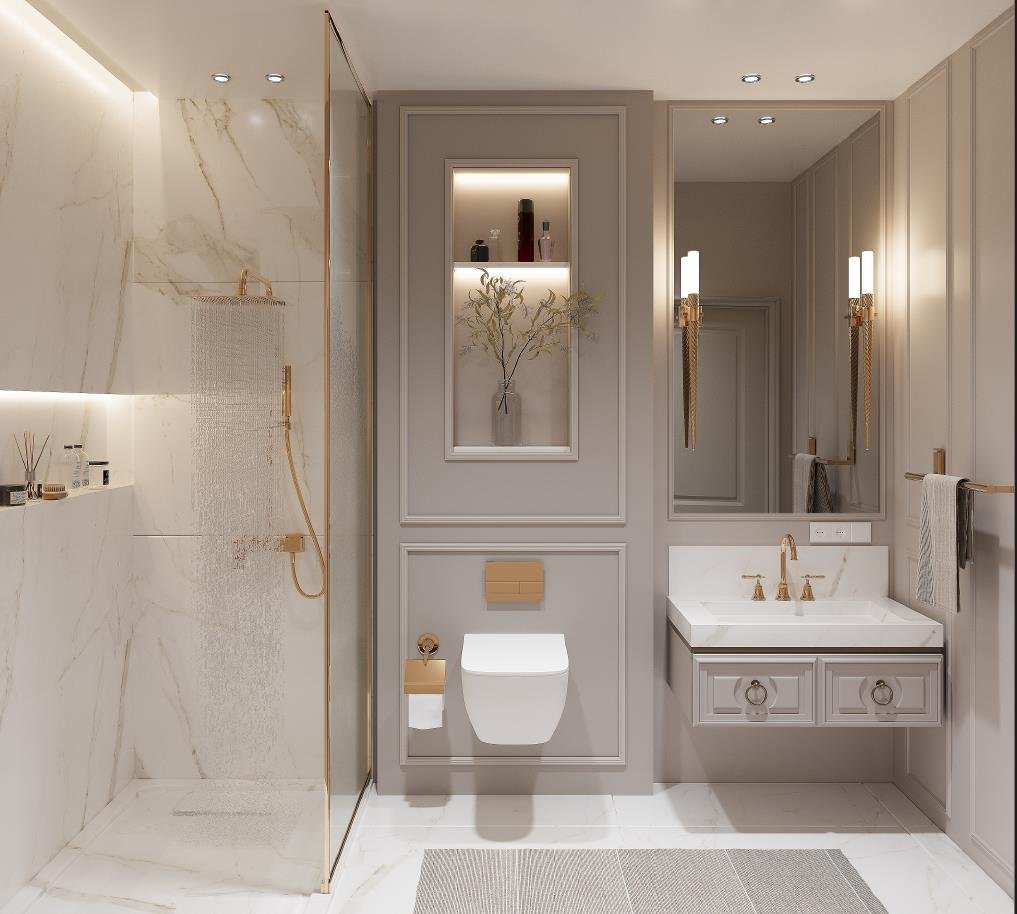 Marble bathroom with walk-in shower and brass fittings