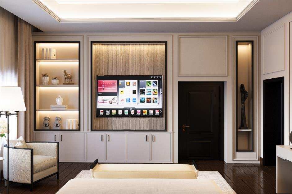 Bedroom with integrated media wall and concealed storage