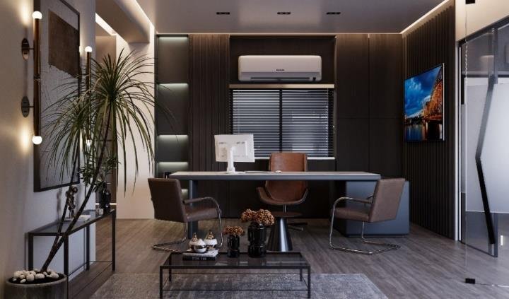 Workspace with built-in desk, planting and warm timber