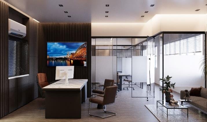 Open office with glazed partitions, desk and meeting seating, commercial interior design in New Cairo