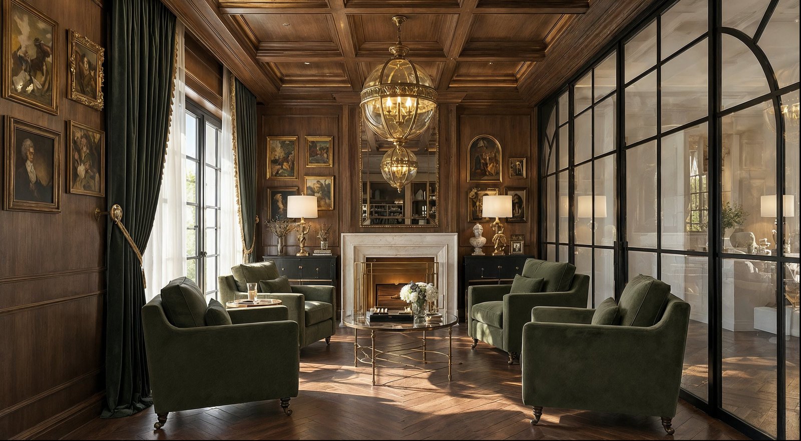 Panelled lounge with green velvet armchairs and a fireplace