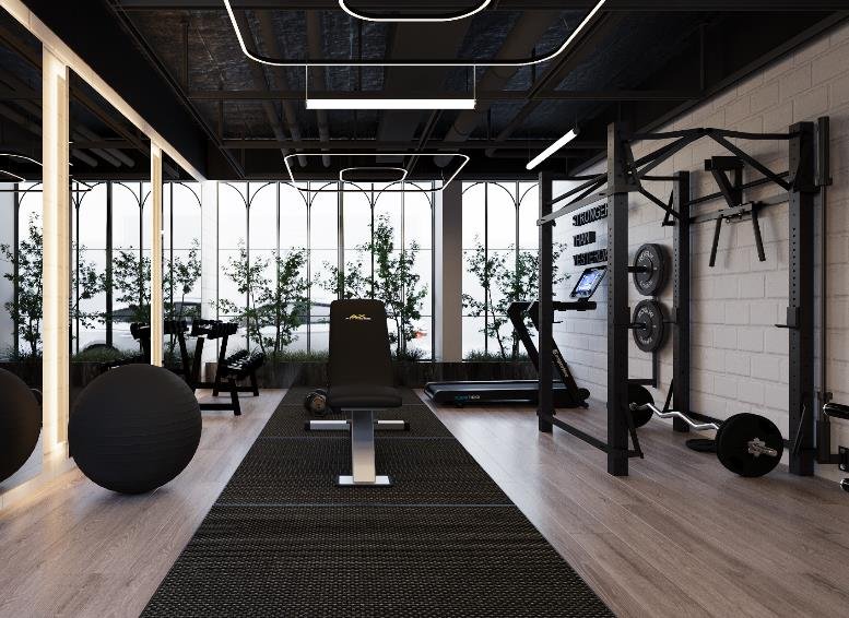 Detail of the private home gym, mirrored wall and timber flooring