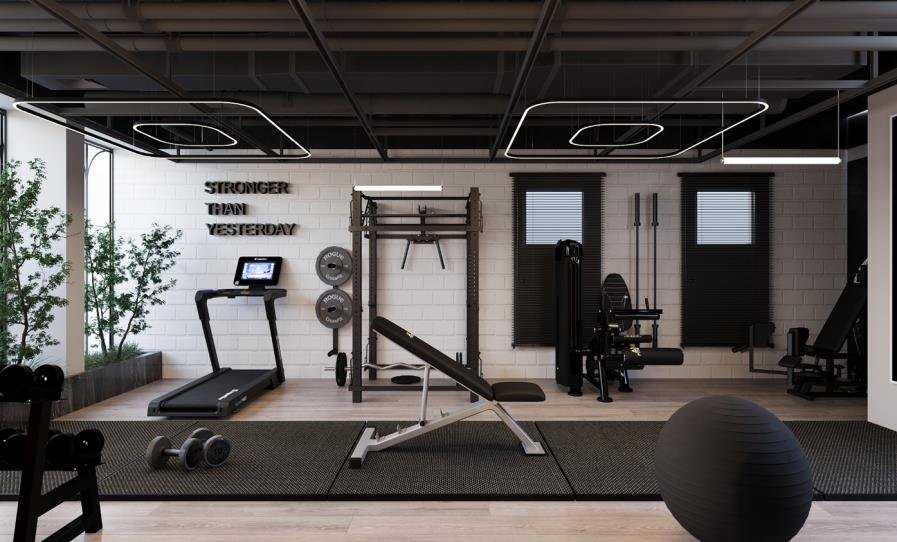 Private home gym with mirrored wall and timber flooring
