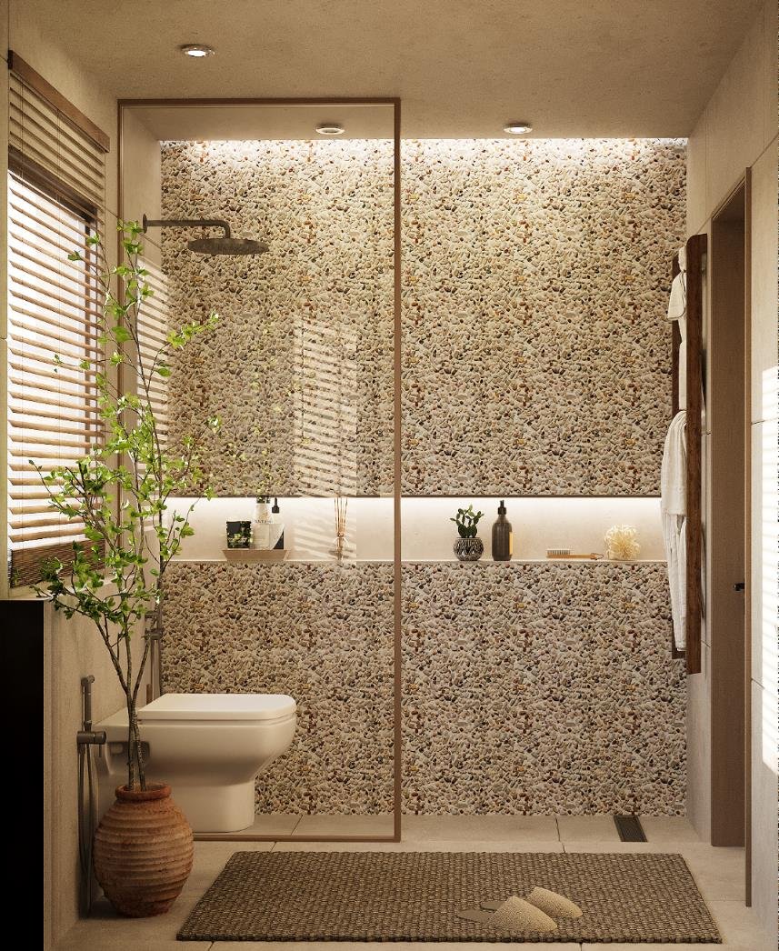 Rustic bathroom concept with stone and timber finishes