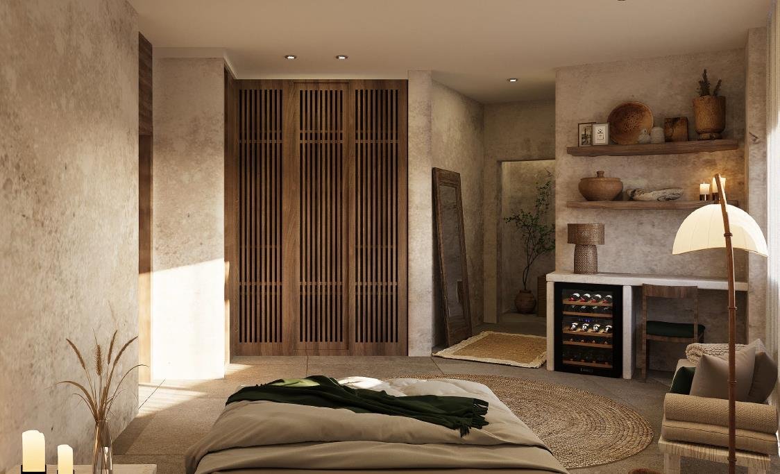 Rustic bedroom concept, wider view with exposed timber and natural textiles