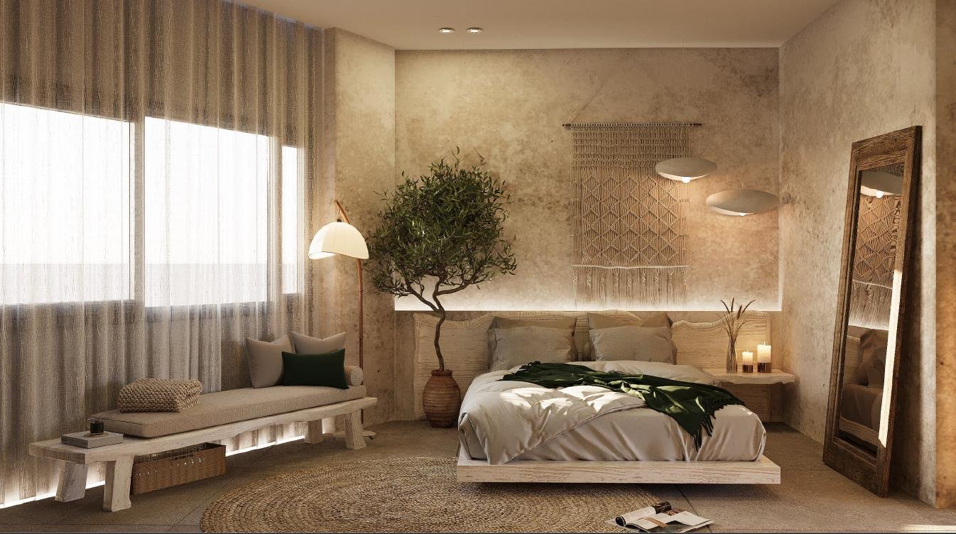 Rustic bedroom concept with exposed timber and natural textures