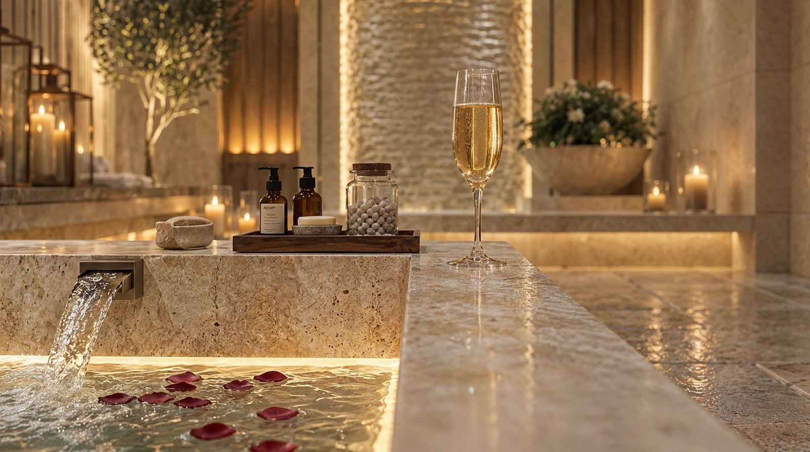 Stone spa bath with candlelight and warm stone surfaces