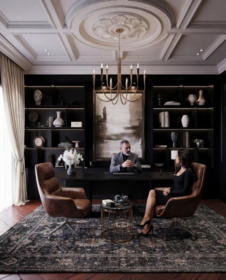 Study with coffered ceiling, bookshelves and leather seating