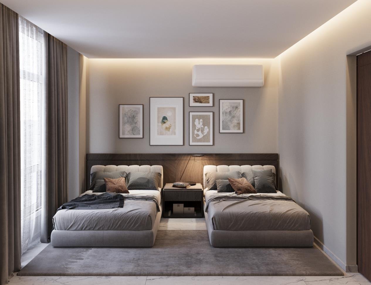 Twin bedroom with custom headboards and integrated storage, Taj City Villa Project