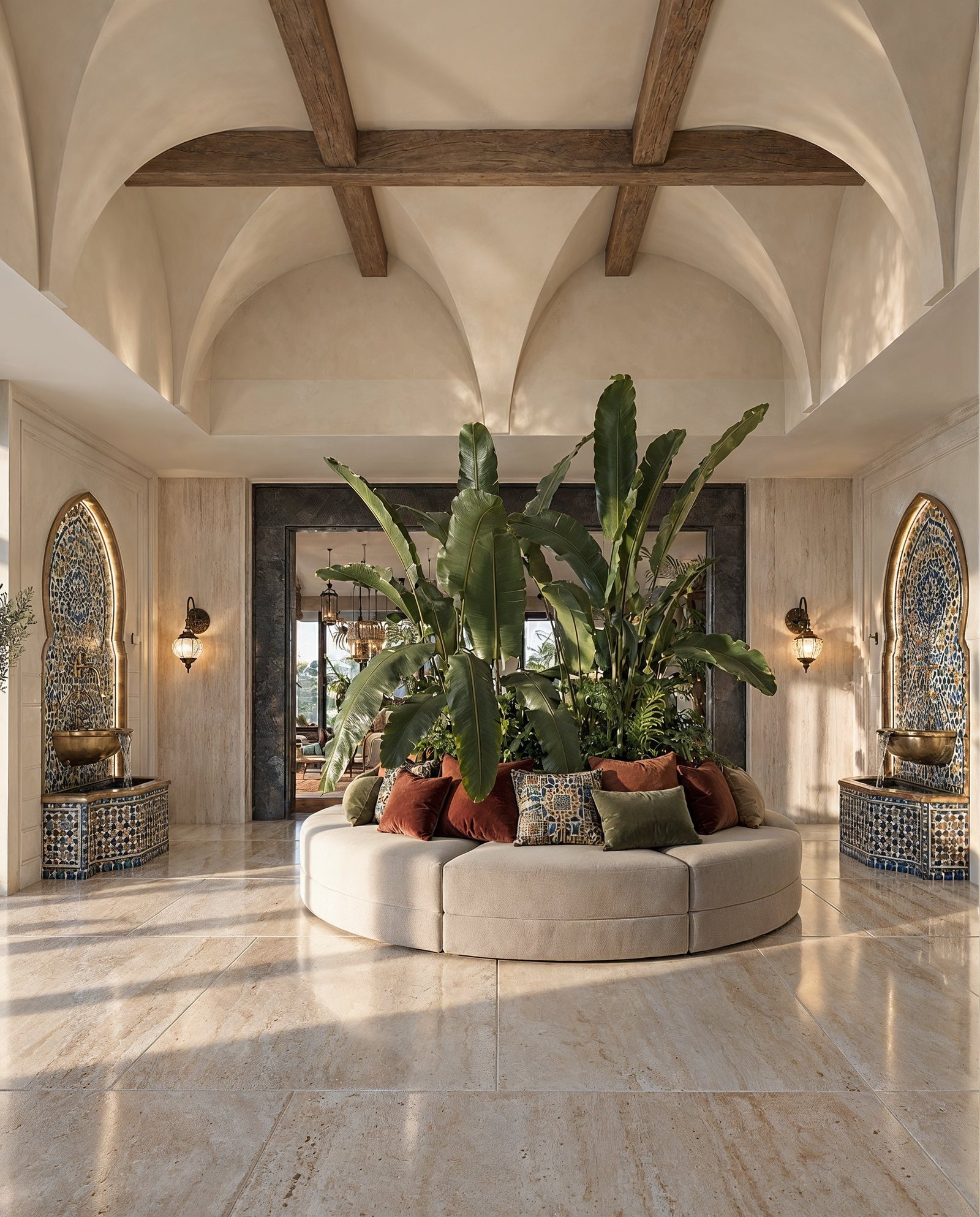 Vaulted entrance hall with a curved banquette, tall planting and arched openings, 3D design concept