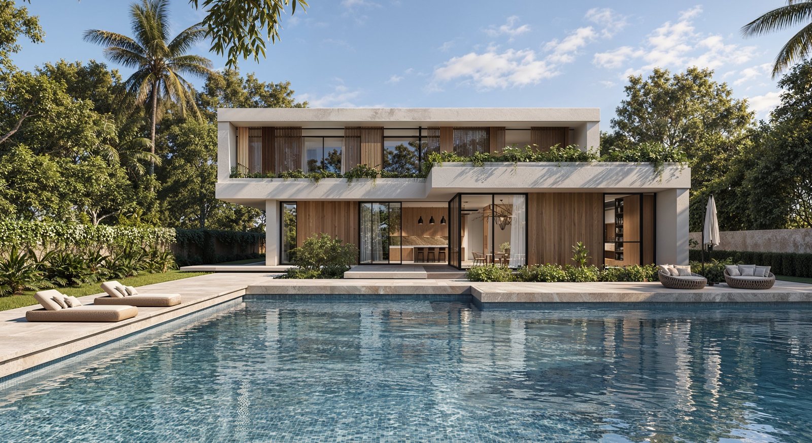 Modern white villa exterior with infinity pool and landscaped terrace, Villa Exterior Project