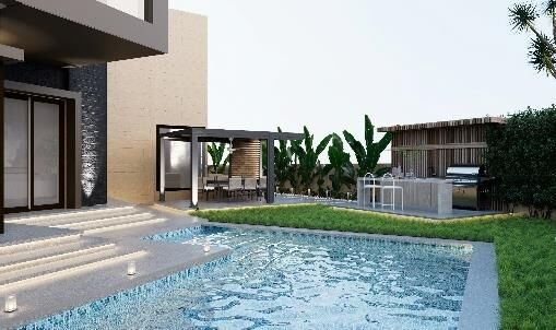 Villa elevation with pool, pergola and planted garden, Villa Exterior Project