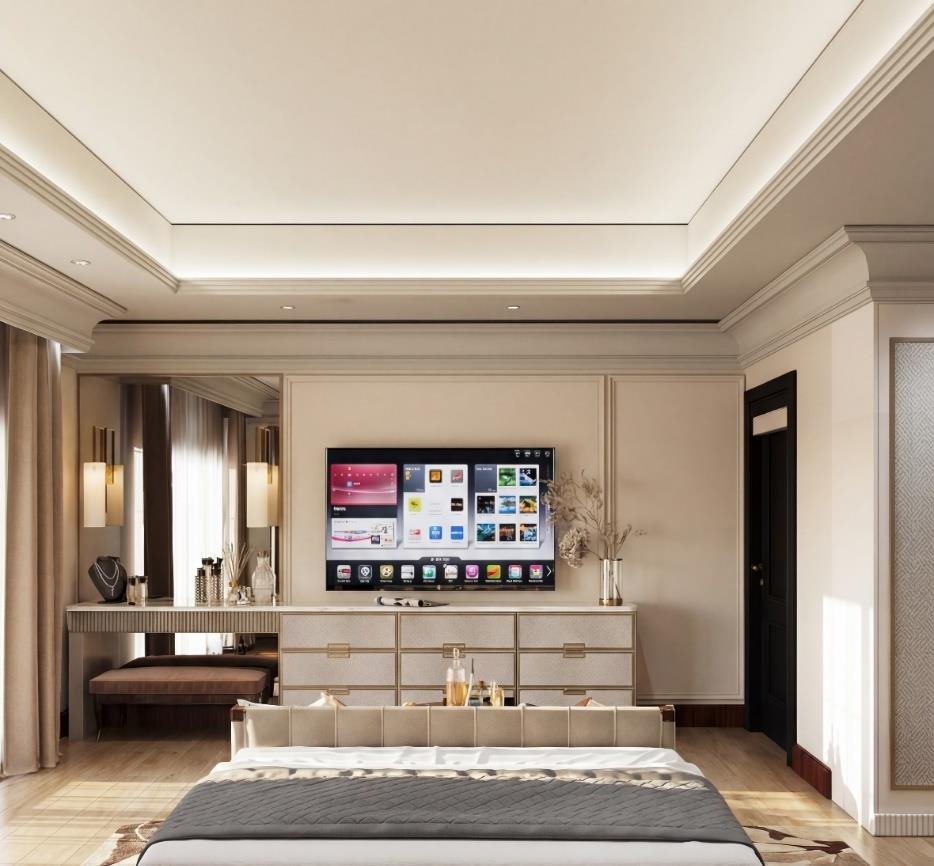 Bedroom with bespoke joinery and integrated media wall, Villa Exterior Project