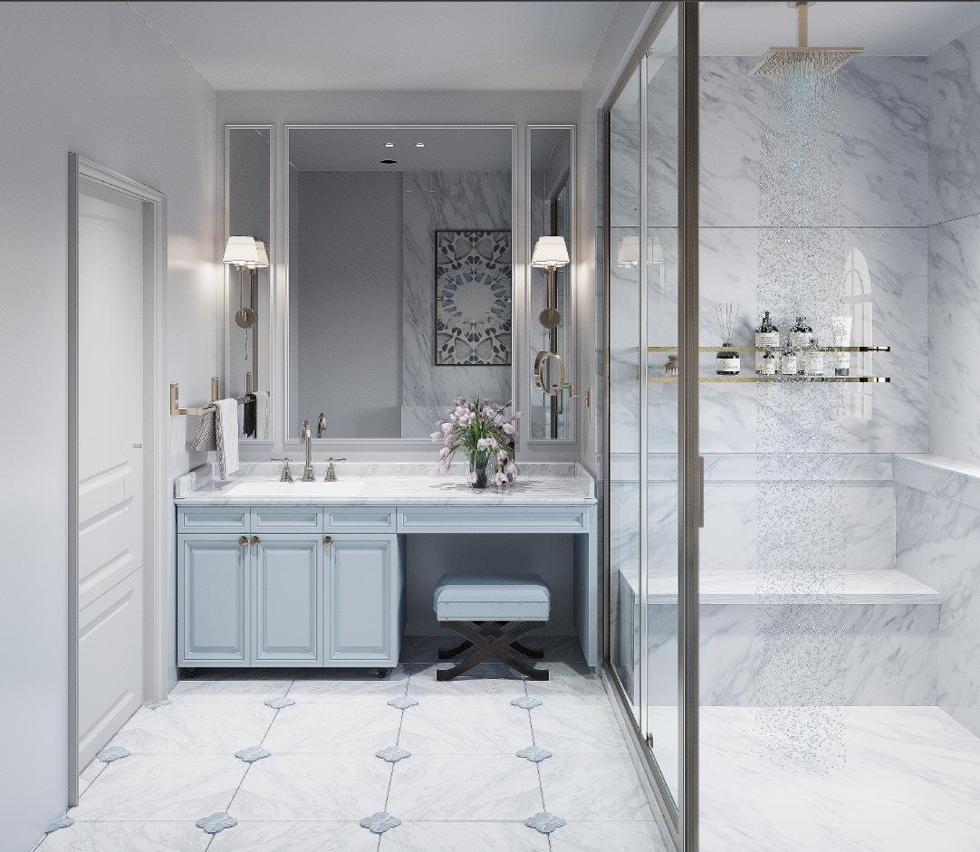Marble bathroom with glazed shower and vanity