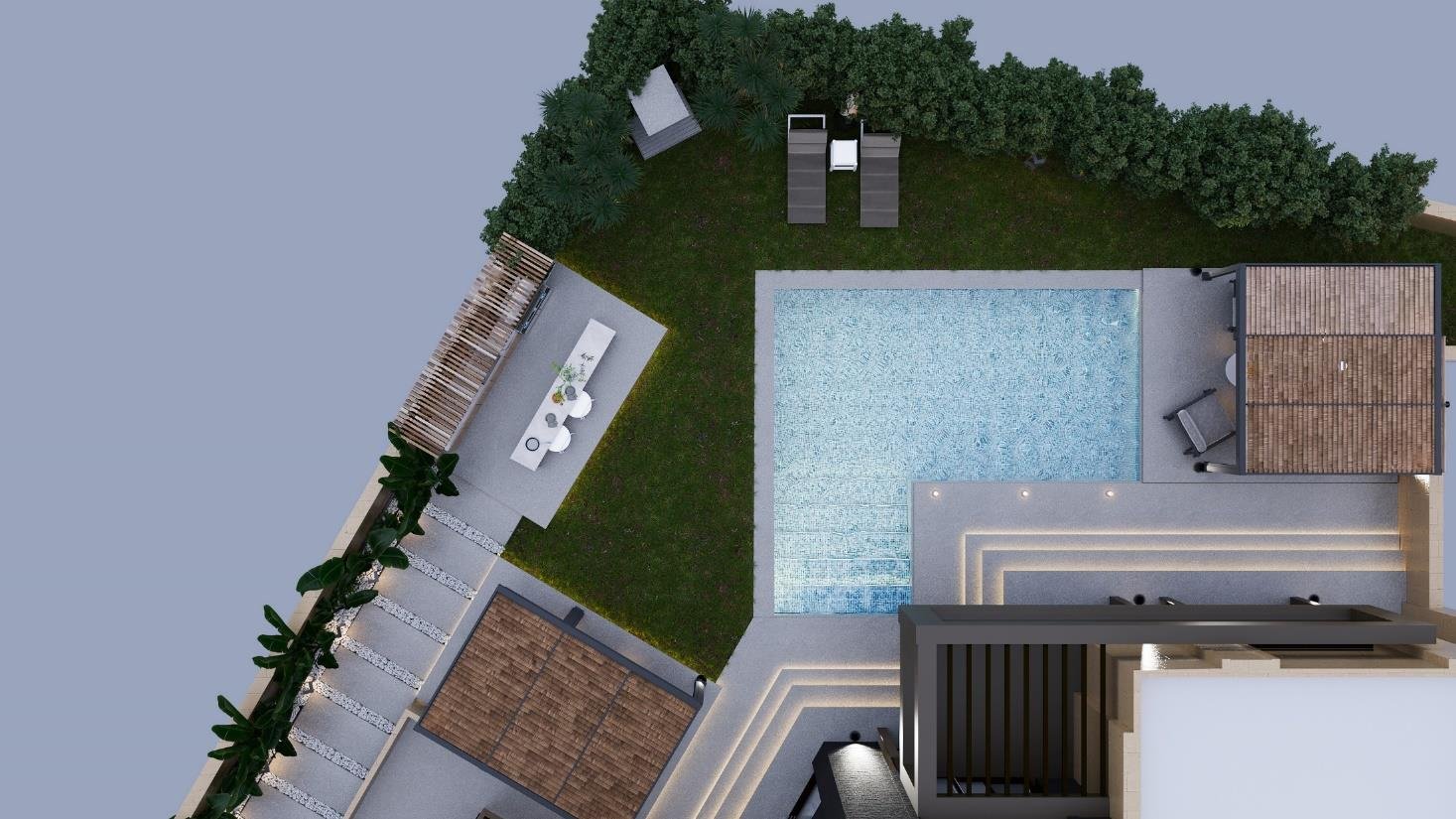 Villa pool terrace with pergolas, planting and lit steps, Villa Exterior Project