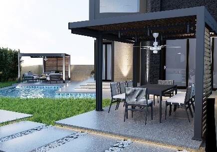 Poolside pergola with an outdoor dining table lit at dusk, Villa Exterior Project
