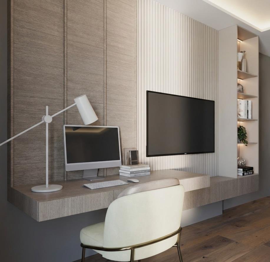 Built-in workspace nook with shelving and task lighting